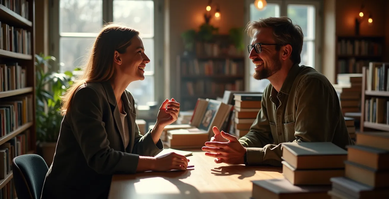 Gemütliche Buchhandlung an einem ruhigen Montagmorgen mit persönlicher Beratung