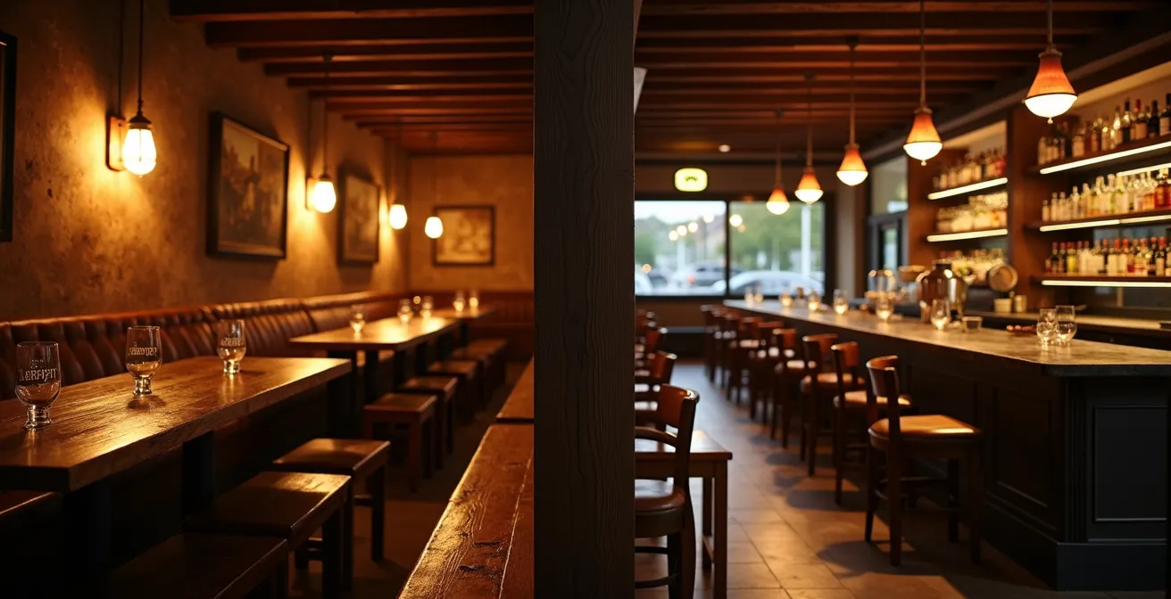 Geteiltes Bild zeigt links rustikales Lokal mit Holzbänken, rechts moderne Apfelweinbar mit Designer-Möbeln