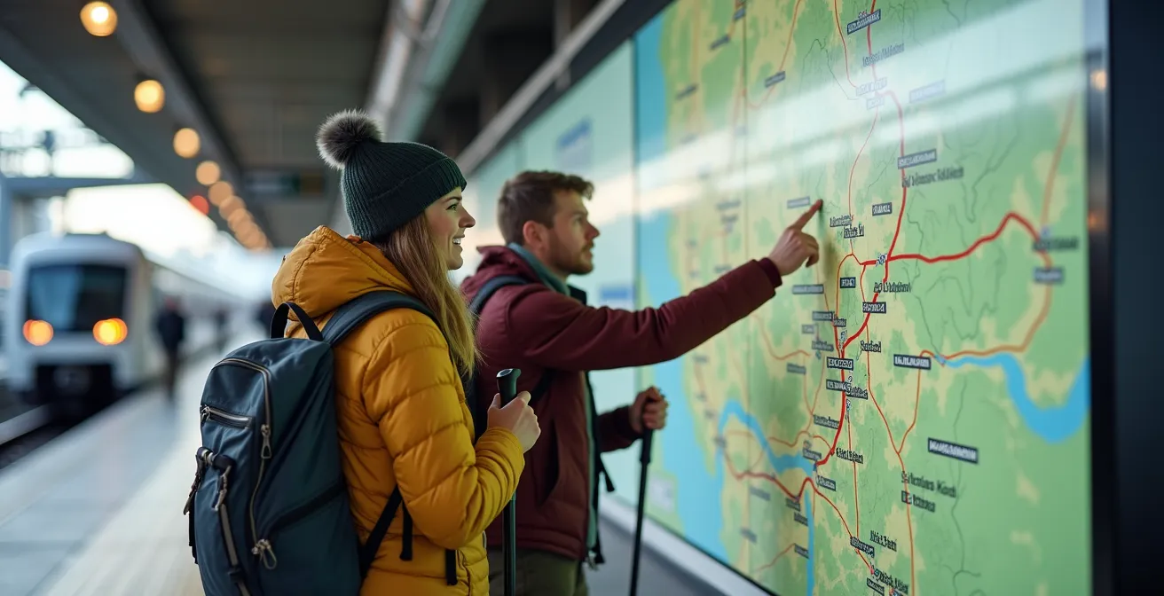 Reisende mit Wanderkarte vor S-Bahn-Streckennetz am Bahnsteig