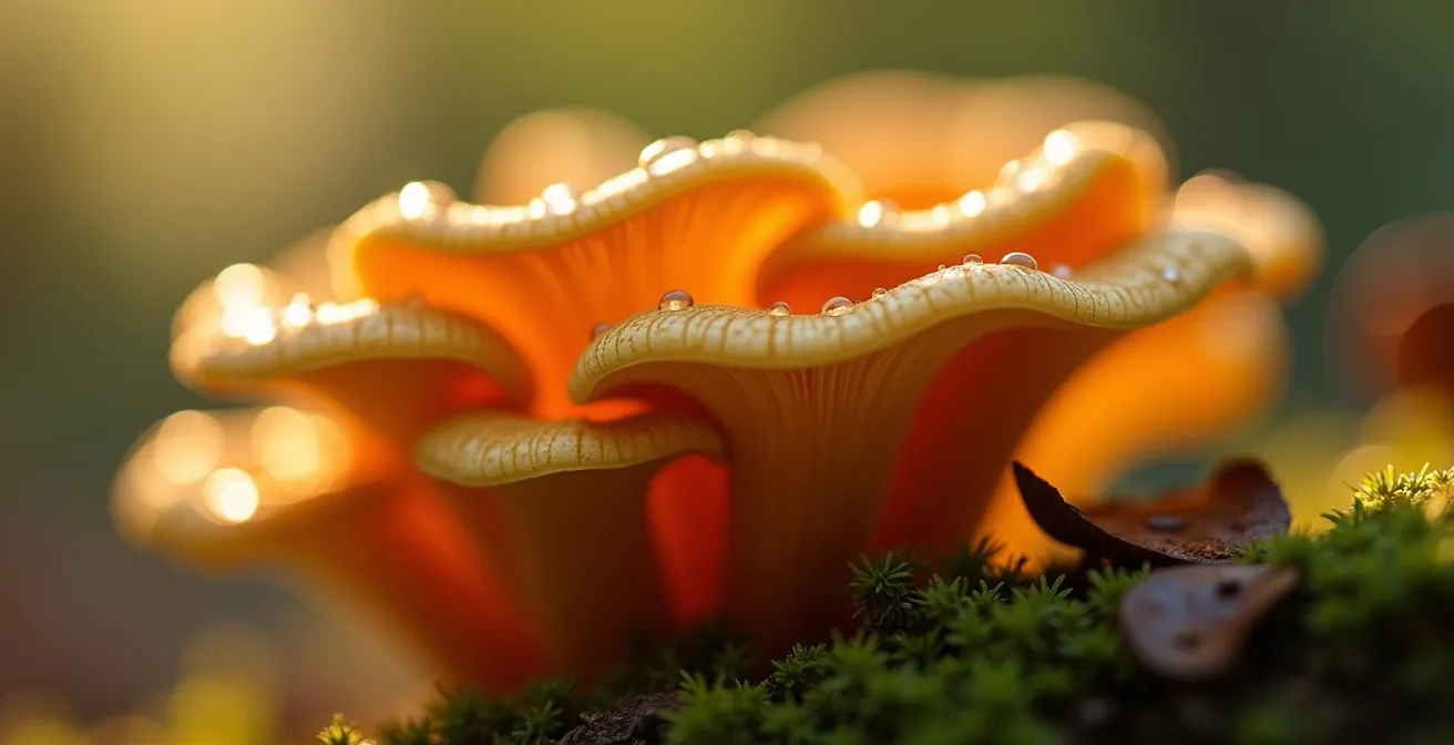 Makroaufnahme von frisch geernteten Pfifferlingen mit Tautropfen im natürlichen Waldlicht