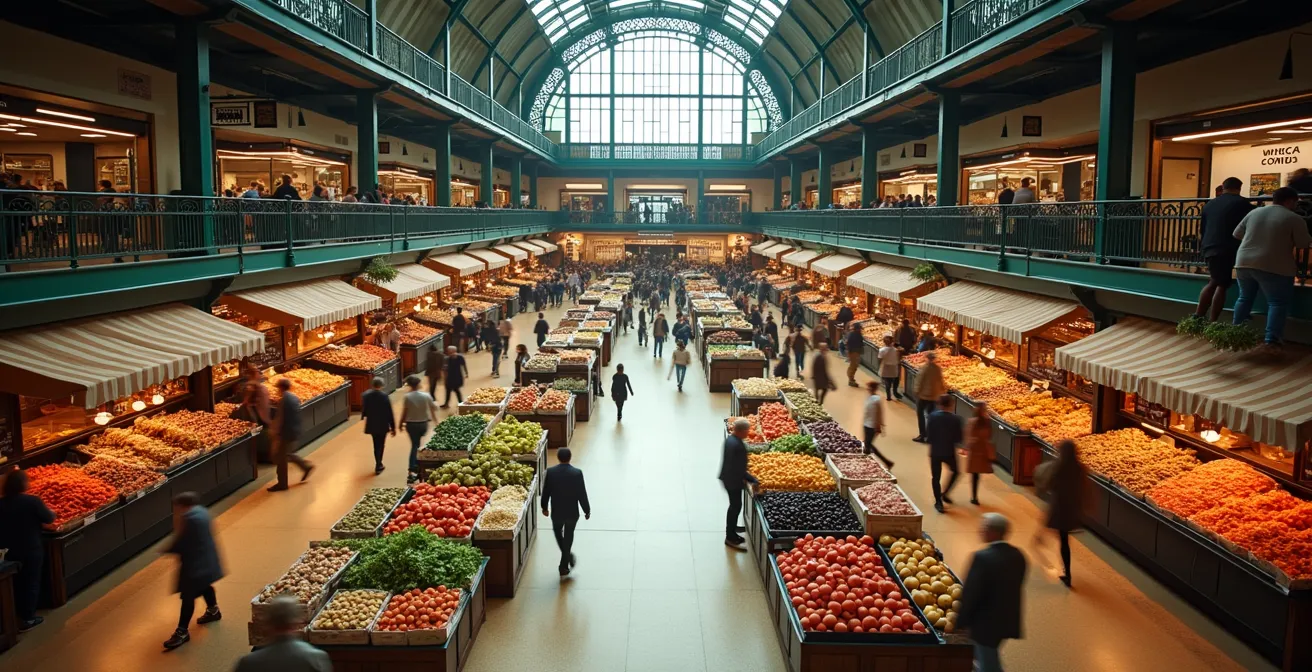 Weitwinkelaufnahme der Markthalle mit verschiedenen Produktkategorien, die die systematische Anordnung der Gänge und Stände zeigt.