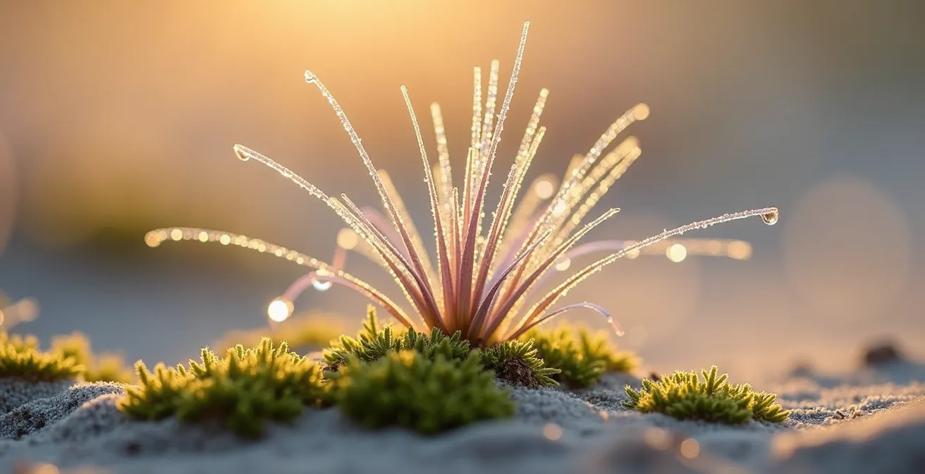Makroaufnahme von silbrig schimmerndem Gras mit Tautropfen im Morgenlicht