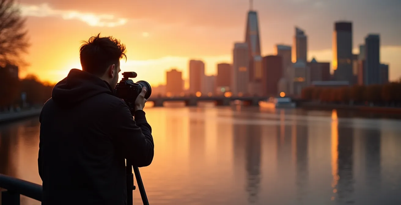 Fotografische Perspektive auf Frankfurts Skyline vom Mainufer während der goldenen Stunde