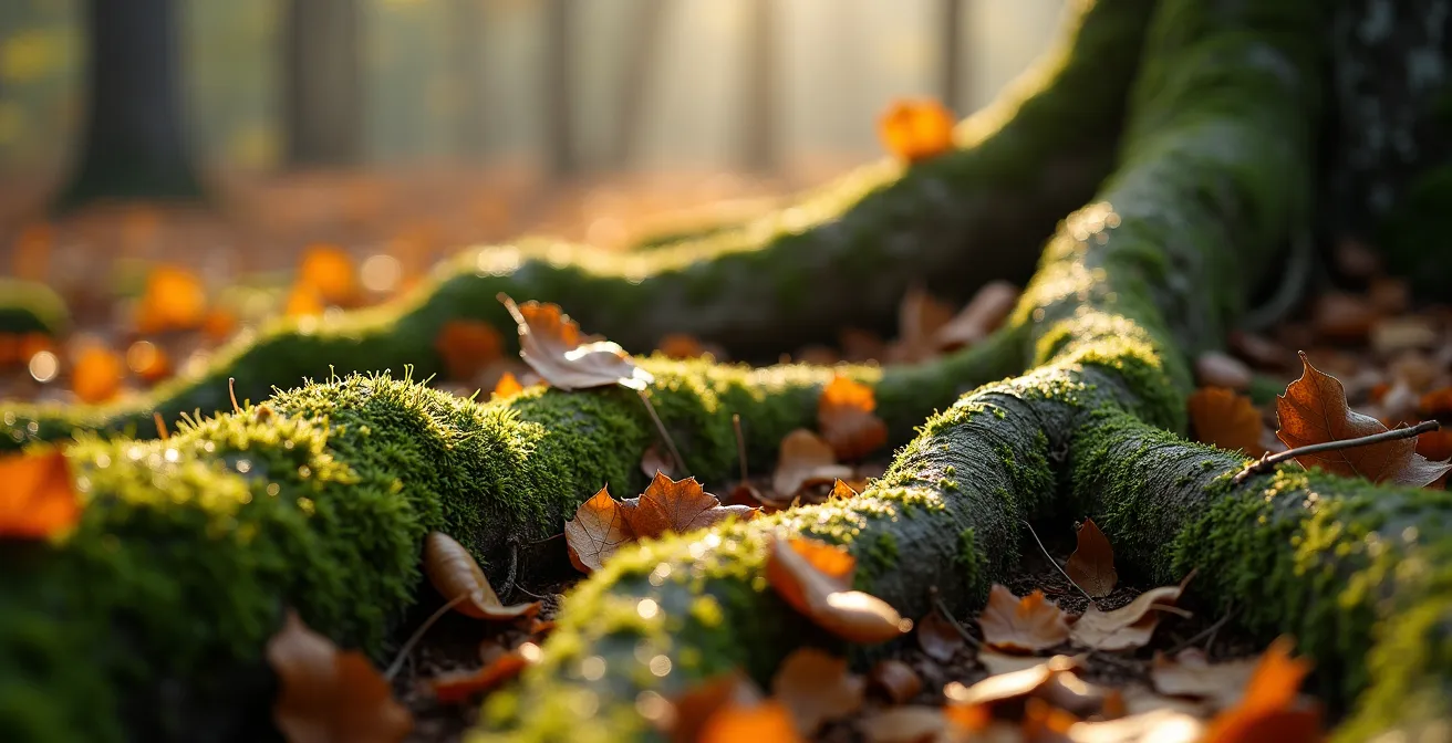 Herbstlicher Wanderweg im Taunus mit Nebelstimmung und buntem Laub