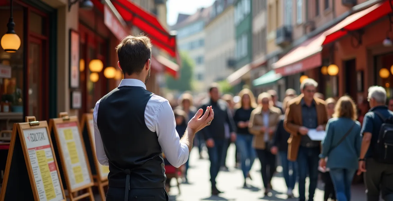 Blick auf überfüllte Touristenmeile mit bunten Menütafeln und Kellnern, die Passanten ansprechen