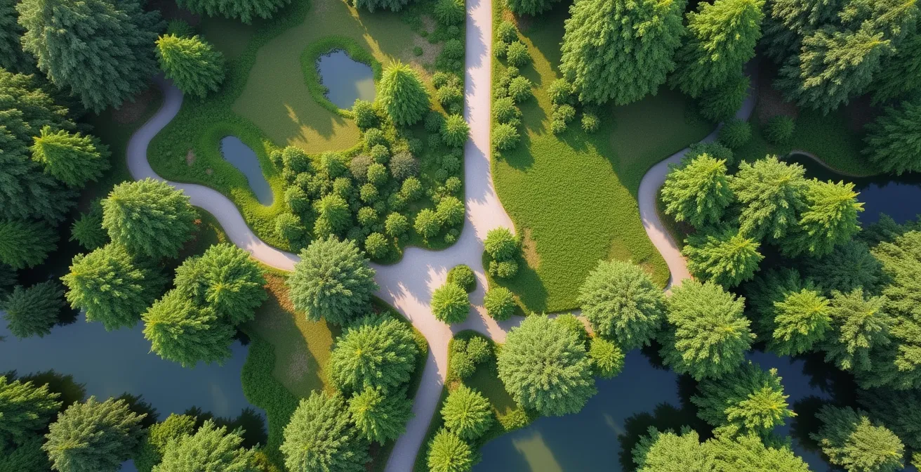 Luftaufnahme zeigt vernetzte Grünflächen als Trittsteine zwischen größeren Waldgebieten