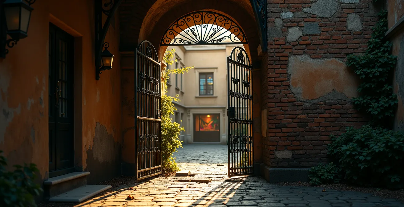 Versteckter Galerieeingang in einem historischen Hinterhof in Sachsenhausen