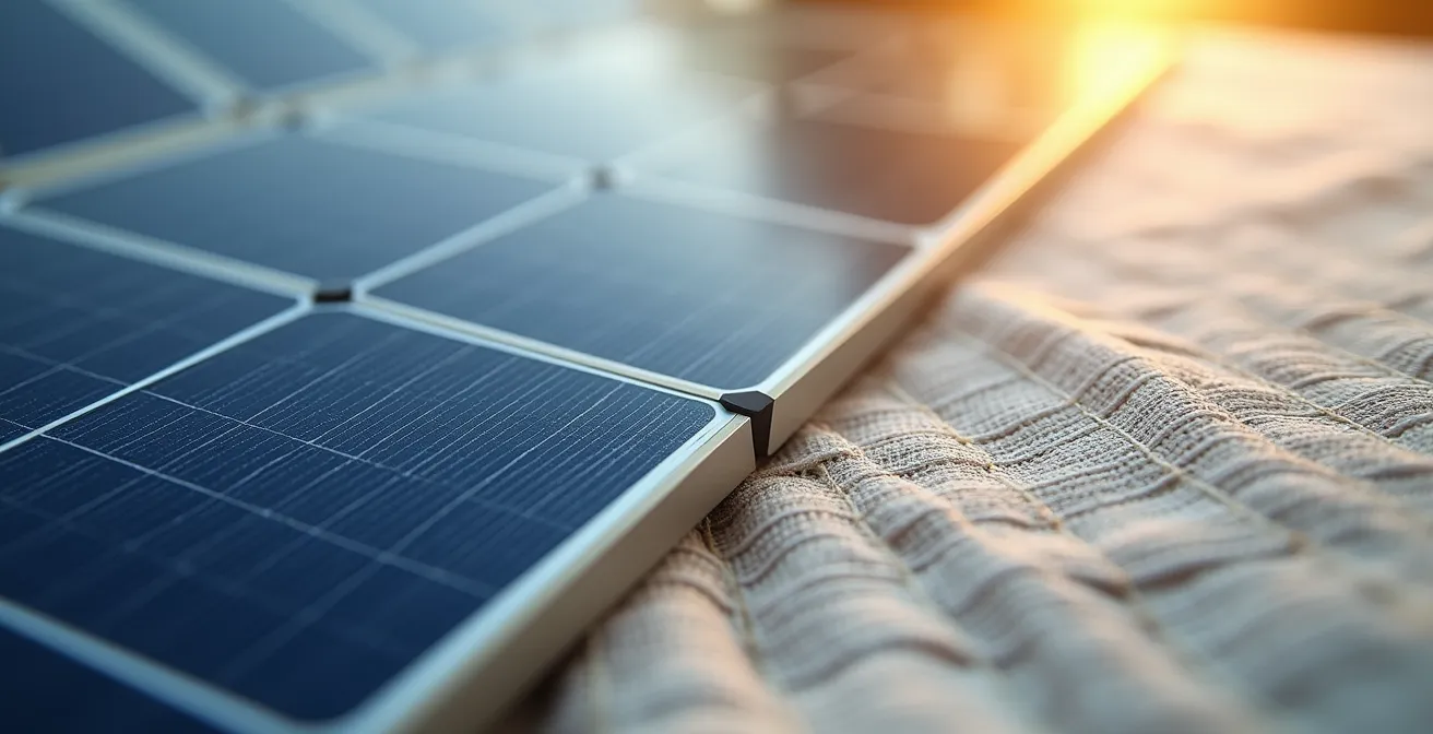 Makroaufnahme von Solarpanel-Textur neben biologischen Hoteltextilien