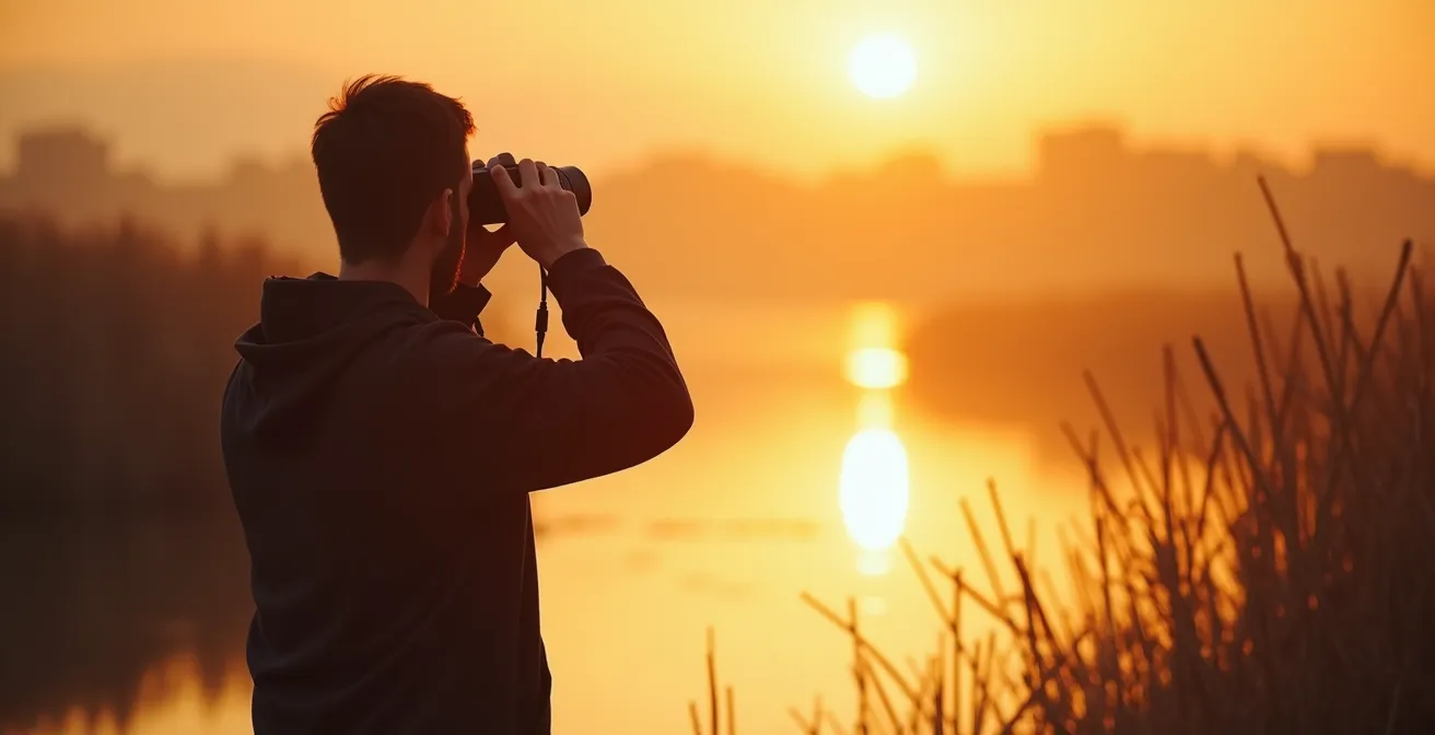 Vogelbeobachter mit Fernglas in der Natur des Frankfurter Grüngürtels