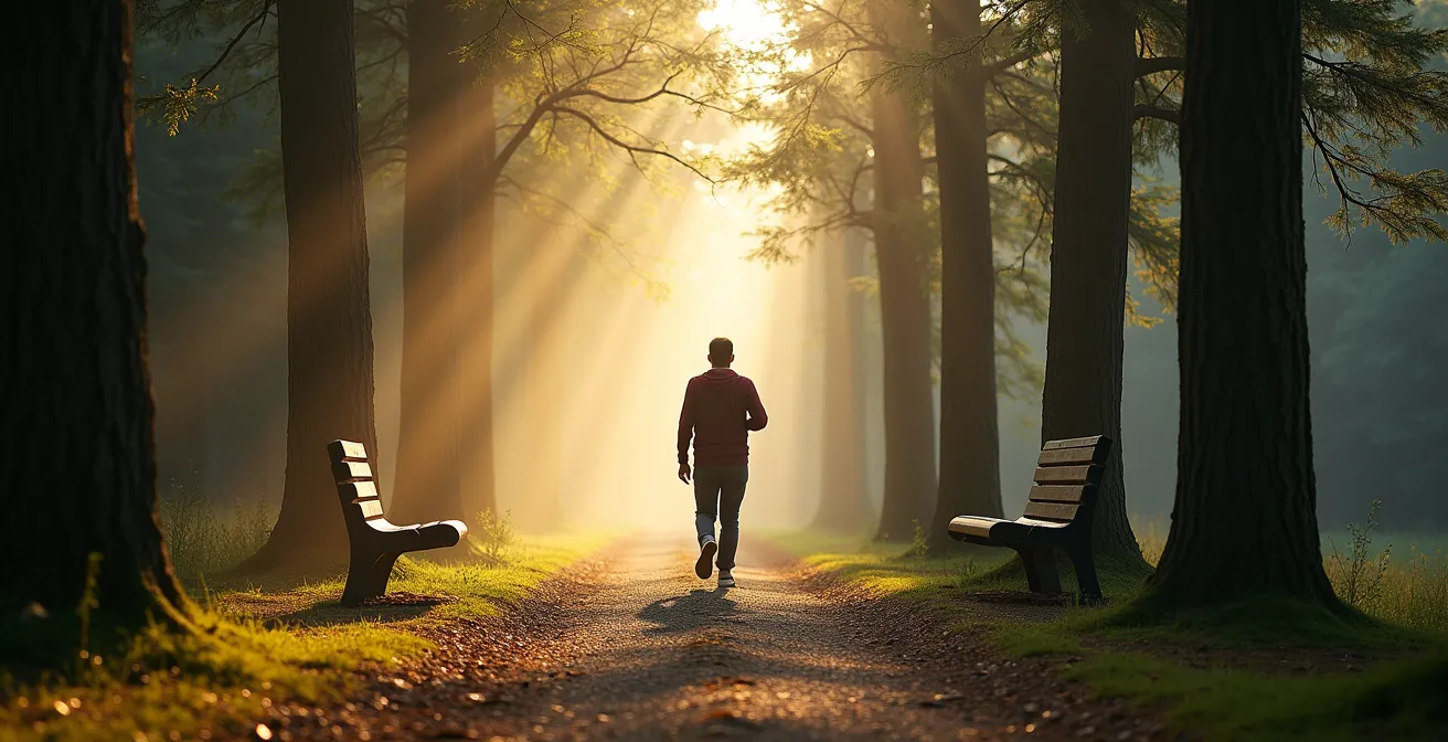 Ruhiger Waldweg an einem Werktag mit einzelnem Spaziergänger