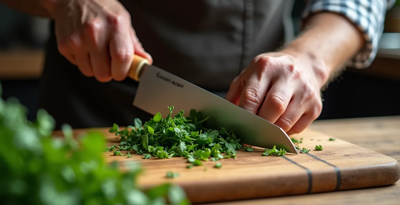 Traditionelles Wiegemesser beim Schneiden frischer Kräuter auf Holzbrett