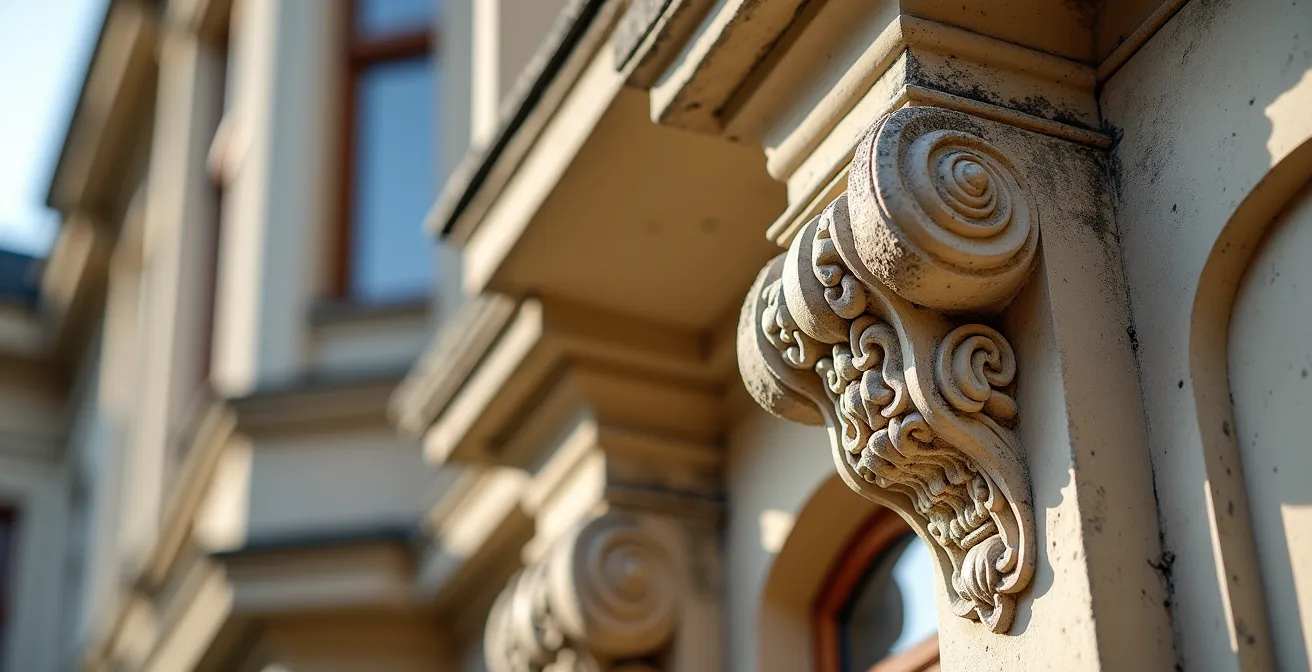 Makroaufnahme von Stuckrosetten und Säulenkapitellen an Gründerzeitvilla