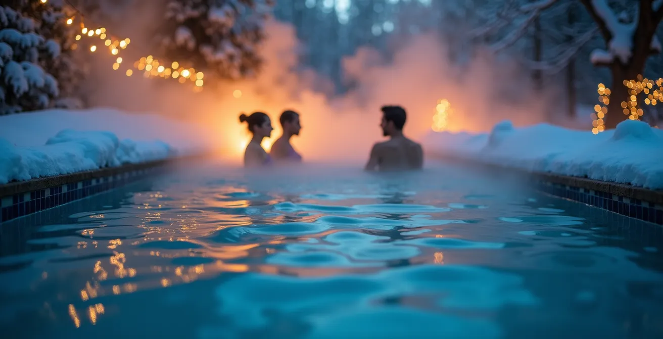 Dampfendes Außenbecken der Therme im Winter mit verschneiter Landschaft