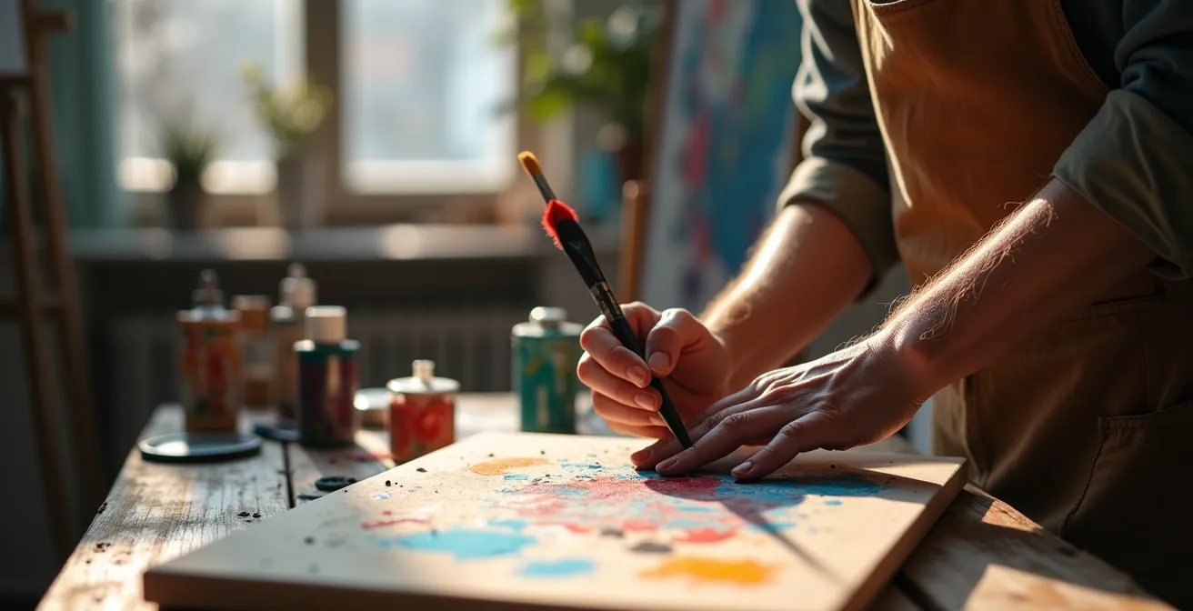 Künstleratelier in Sachsenhausen mit kreativer Arbeitsatmosphäre, die Hände eines Künstlers malen an einer Leinwand.