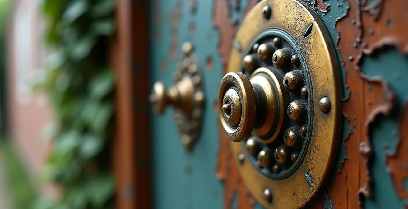 Versteckter Eingang zu einer Hinterhof-Galerie in Sachsenhausen, erkennbar an einem alten Klingelschild neben einer Efeu bewachsenen Wand.